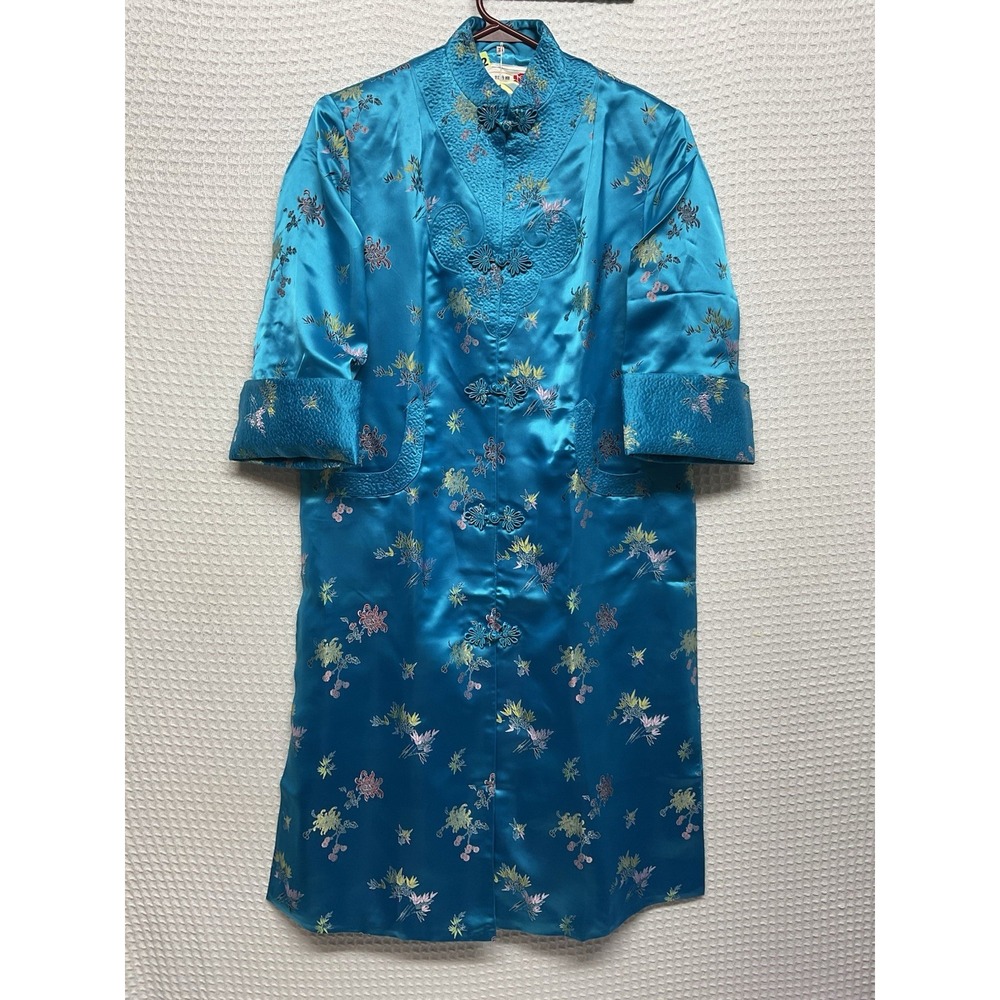Peony Cheongsam Dress Womens Large Blue Embroidered Floral Satin Oriental Duster